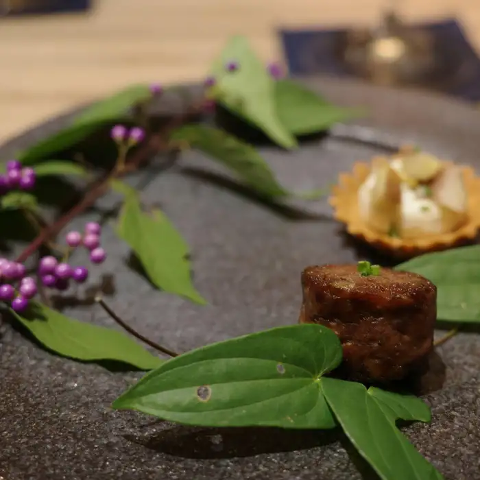 Japanese Meal Wild boar served with fig, blue cheese, chestnut and rice