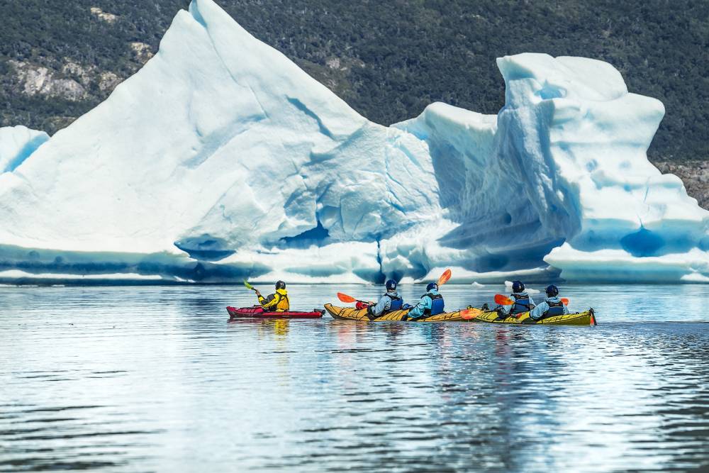 Kayaking amidst Glacial beauty on Lake Grey, Patagonia hike Torres del Paine